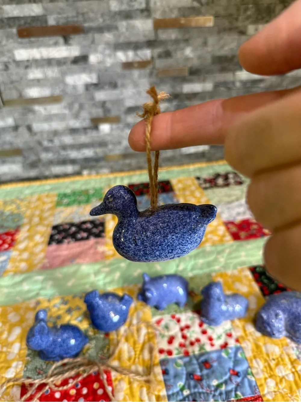 Vintage Set of Cottage Core Blue Speckled Ceramic Animal Ornaments or Figurines
